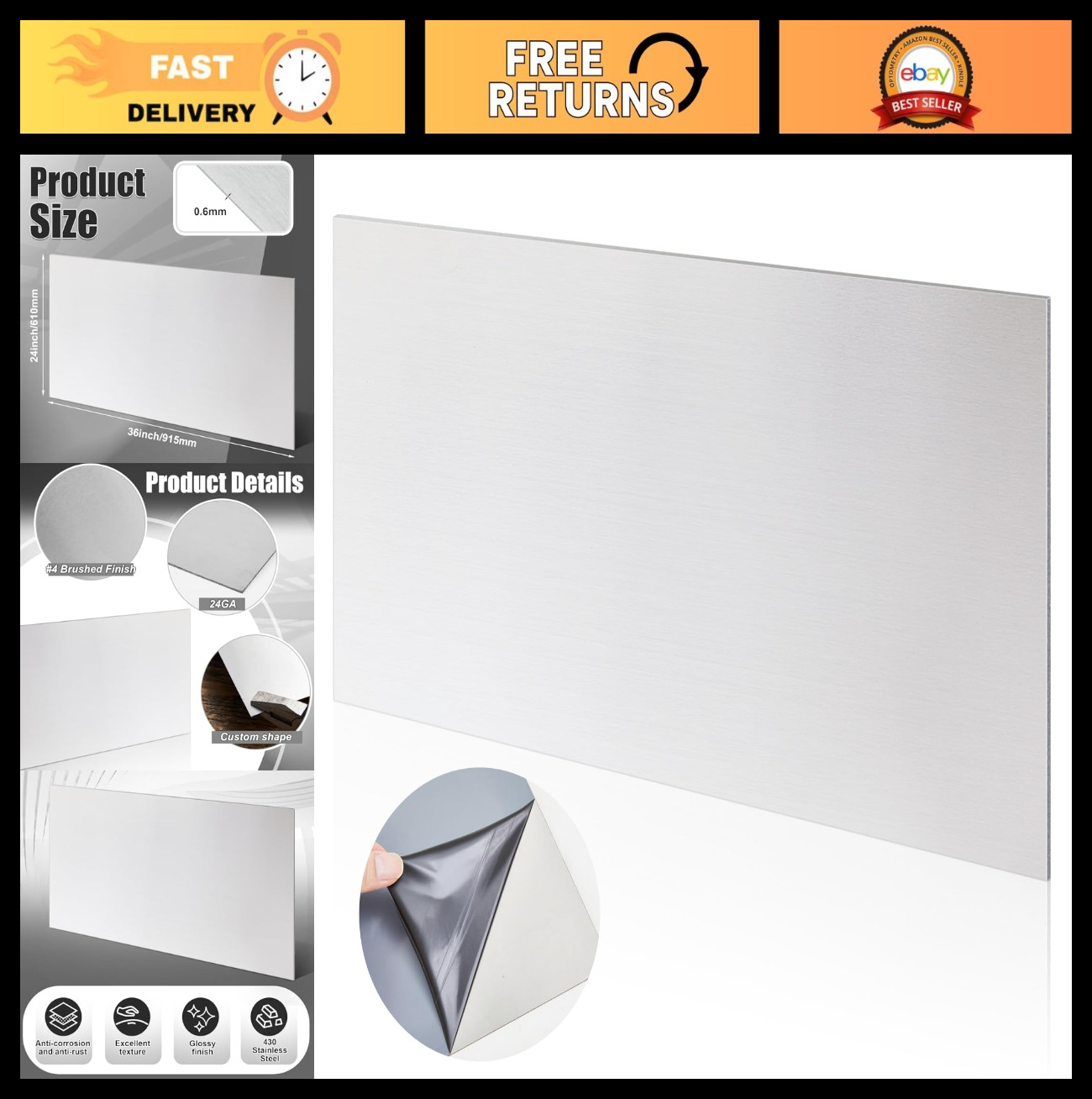 430 Stainless Steel Sheet Metal 36″x24″ 24GA Brushed Finish Panel for Crafting,