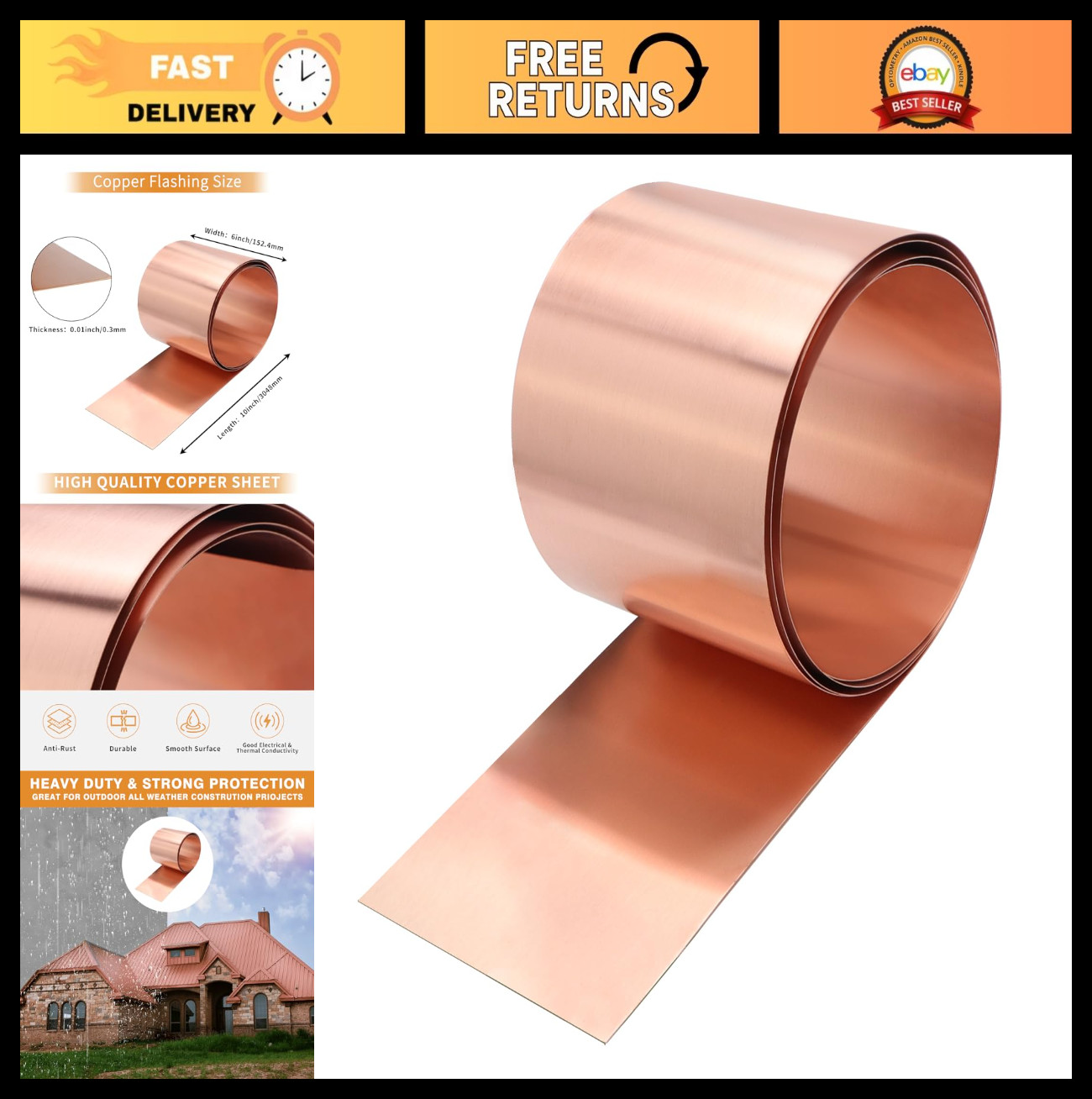 Copper Flashing Roll 28 Gauge 6in x 10ft – 99.95% Pure Copper Sheet for Roofing