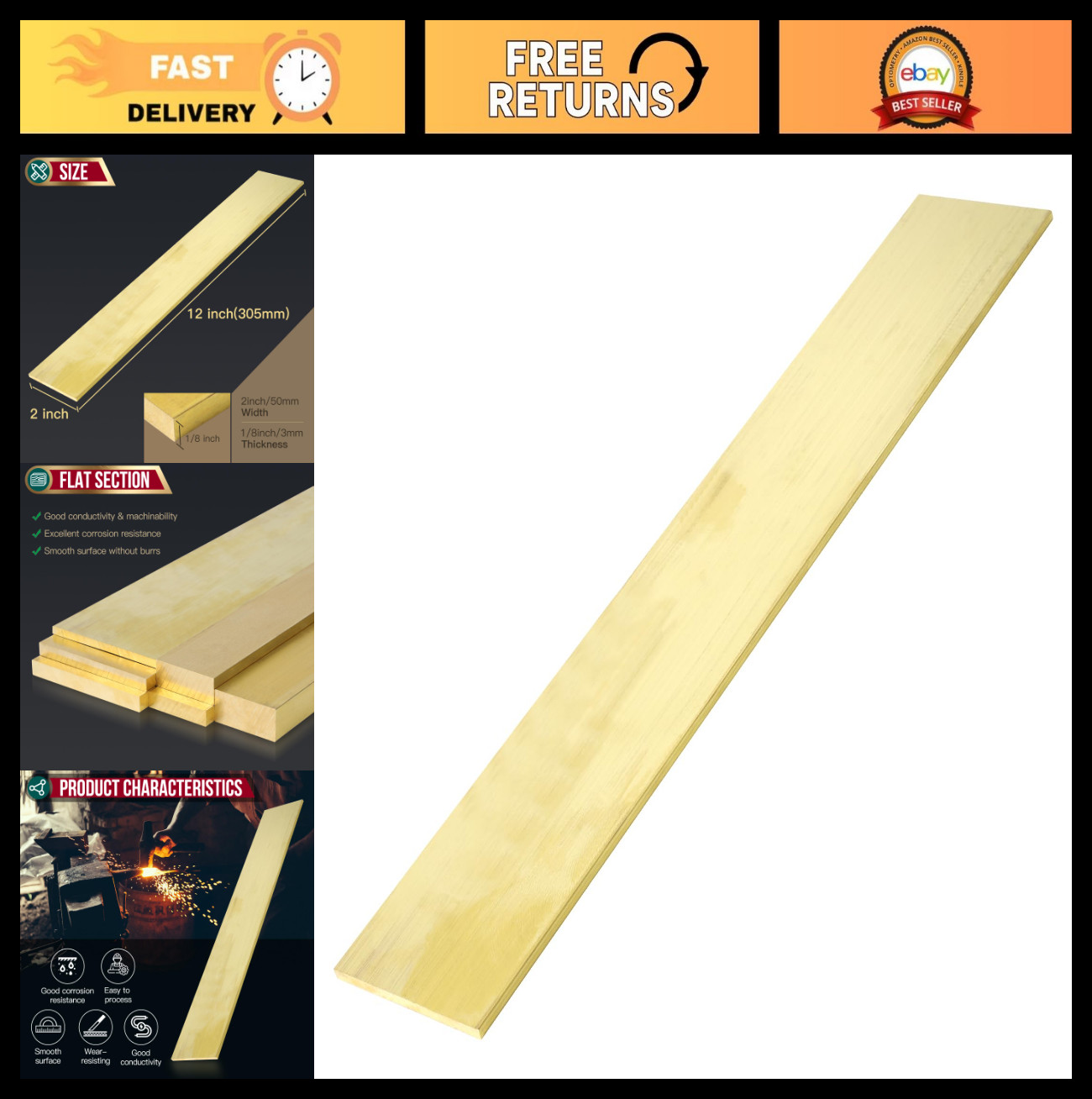 Solid Brass Flat Bar Blank 1/8” x 2” x 12” – C360 Thin Plate Mill Stock