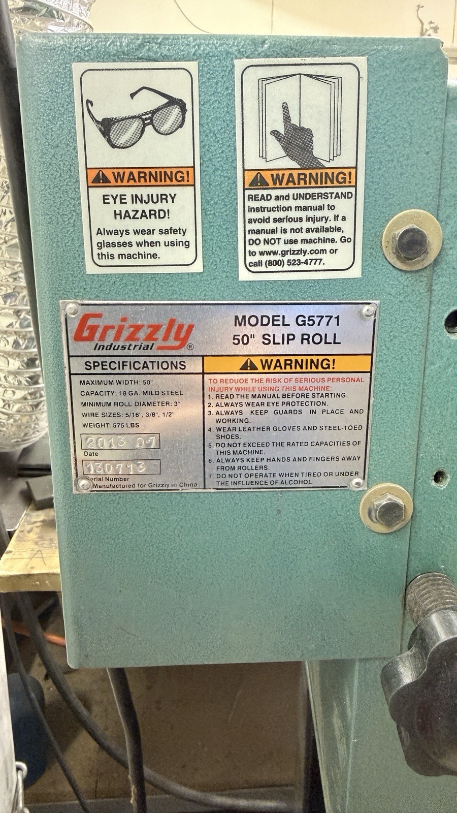 50 SLIP ROLL Made by GRIZZLY with 15 Gauge Steel. Made In USA