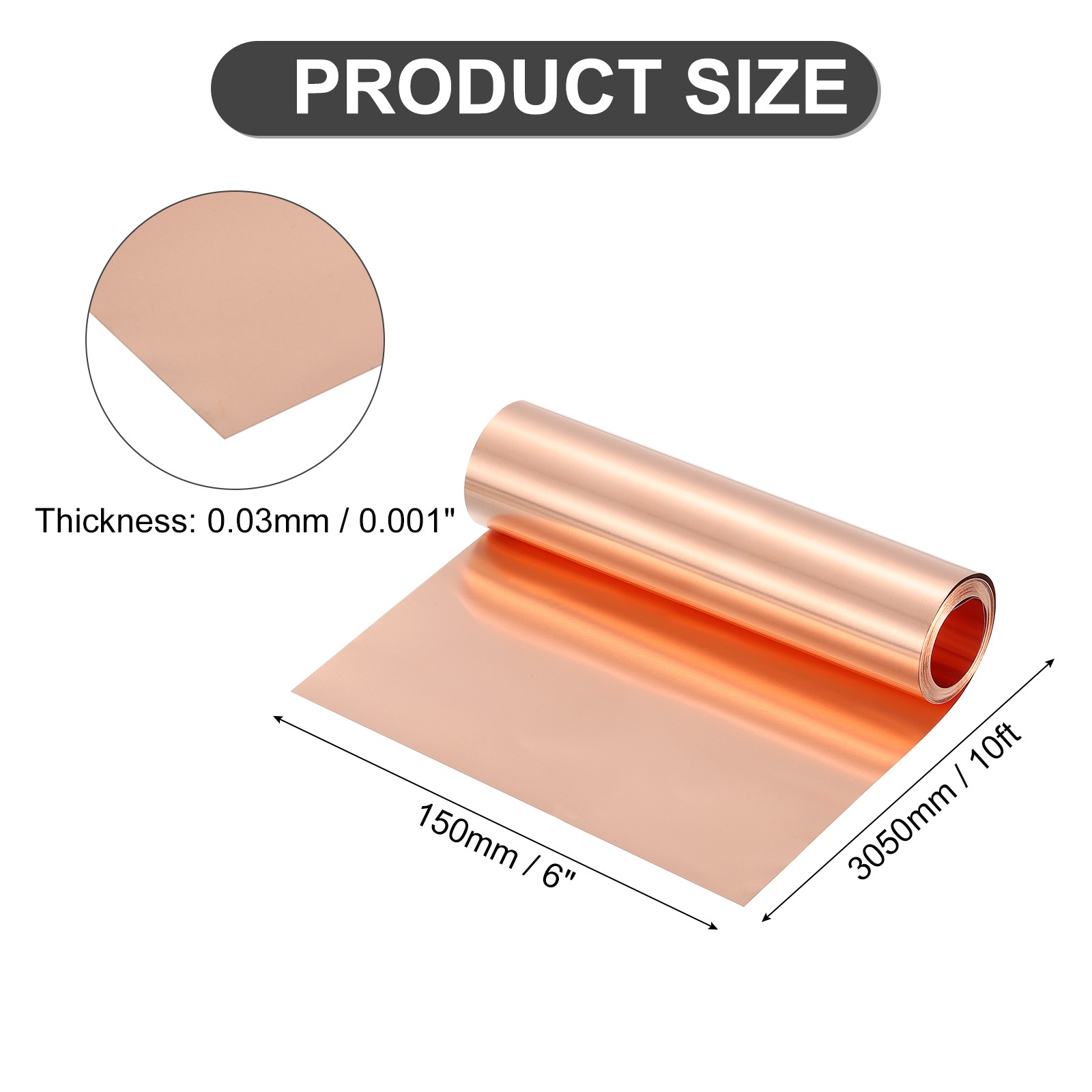 Pure Copper Sheet Roll, 0.03mm 32Ga Thick T2 10Ft x 6in Copper Strip for Craft