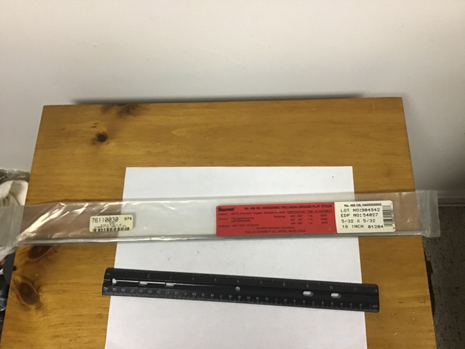 New Starrett 5/32” X 5/32” X 18” Precision Oil Hardened Flat Stock, 54027