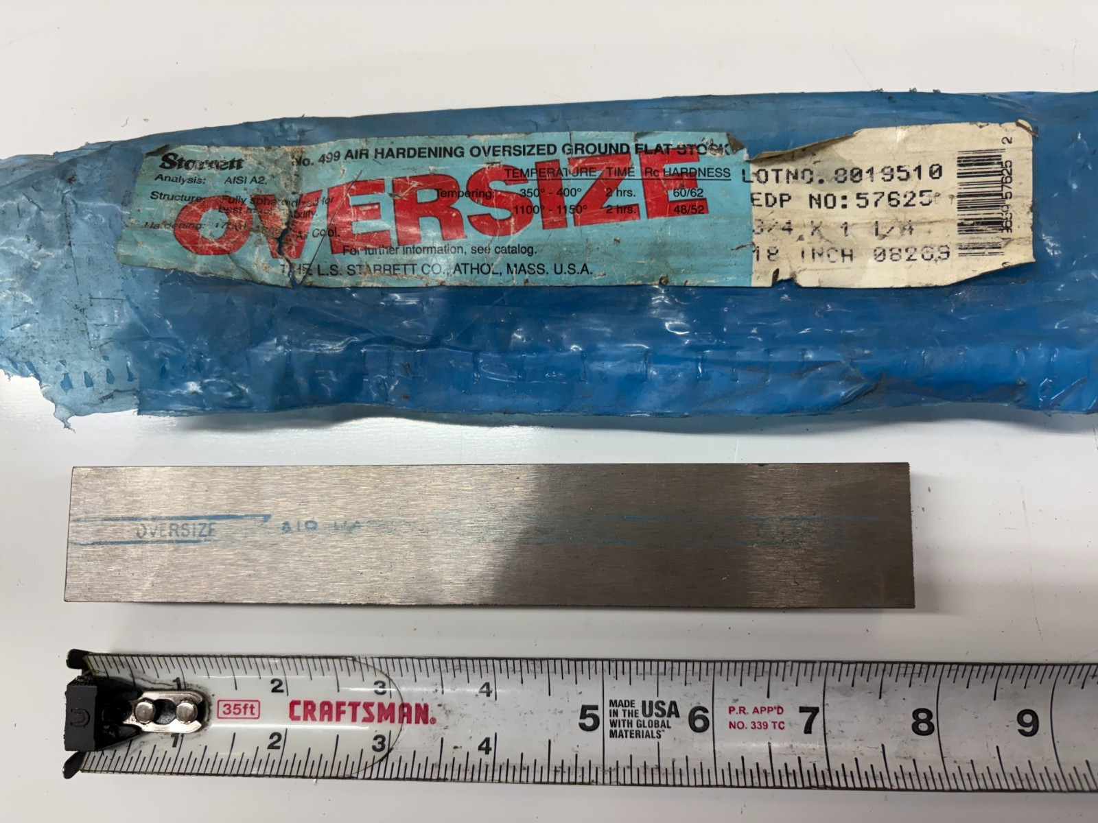 Starrett No. 499 A2 Air Hardening Oversized Ground Flat Stock 3/4” x 1-1/4” x 7”