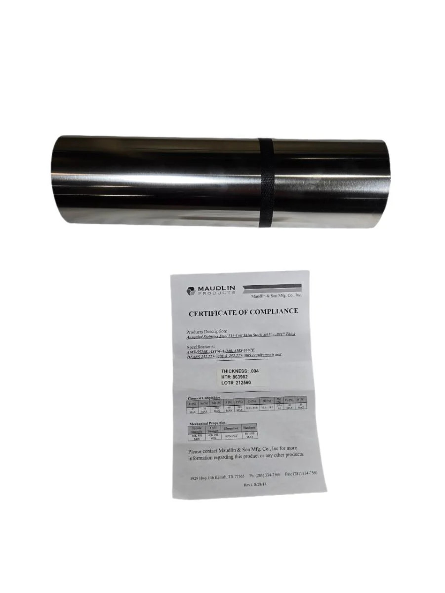 Maudlin 316-004-12-50 0.004″ 316 SS 12″ Wide 50″ Long Stainless Steel Shim Coil