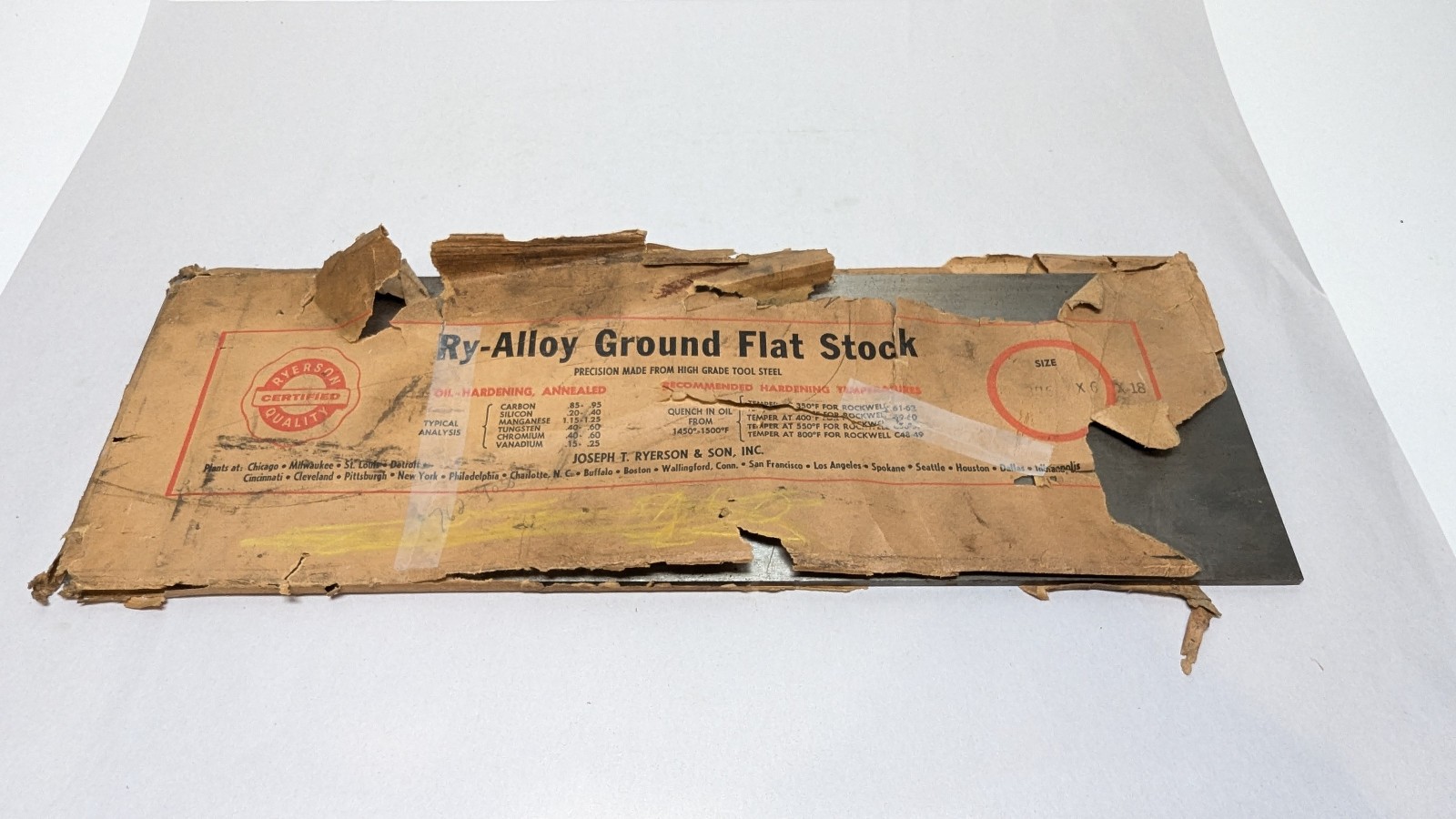 Ryerson Ry-Alloy Oil Hardening Ground Flat Tool Steel 3/16 x 6 x 18 NOS USA MADE