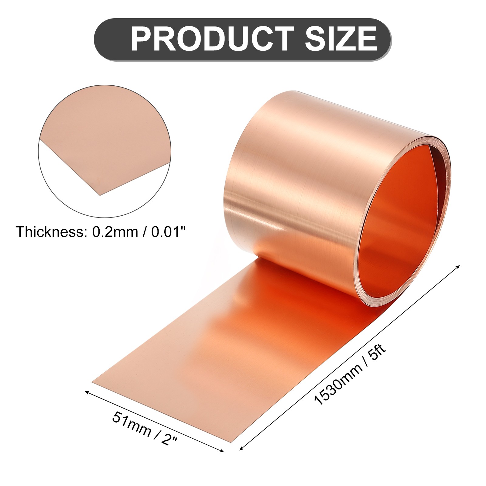 Pure Copper Sheet Roll, 0.2mm 24Ga Thick T2 5Ft x 2in Copper Strip for Craft