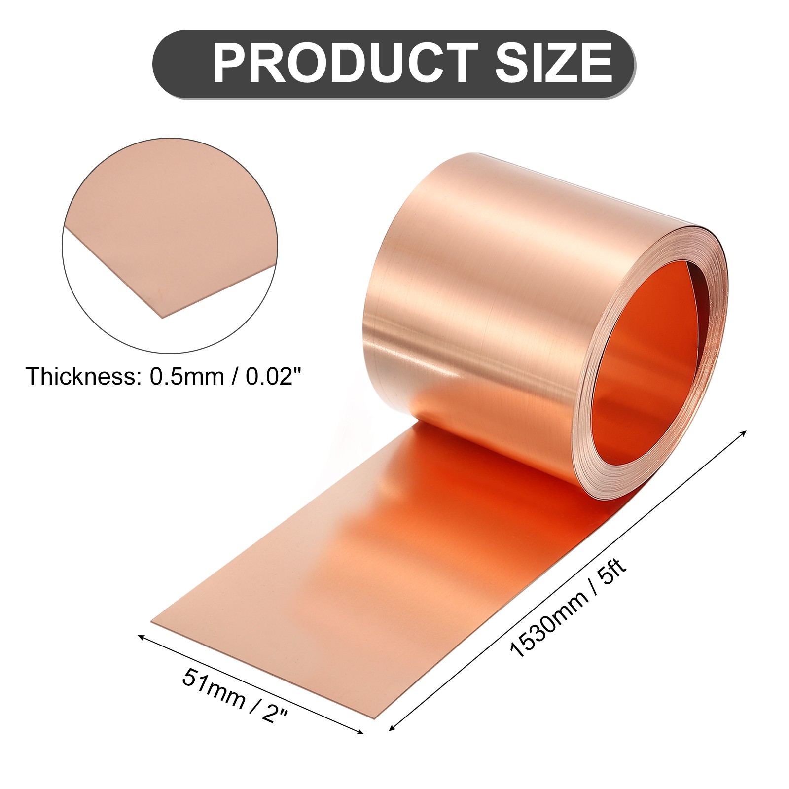 Pure Copper Sheet Roll, 0.5mm 24Ga Thick T2 5Ft x 2in Copper Strip for Craft