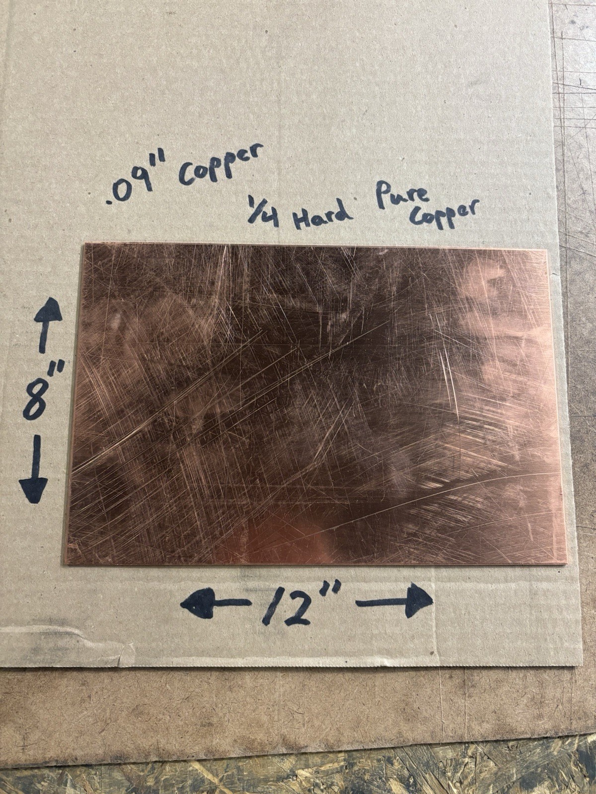 3/32” (0.090” Thick) Copper Sheet Metal – 1/4 Hard Pure Copper 8” x 12”