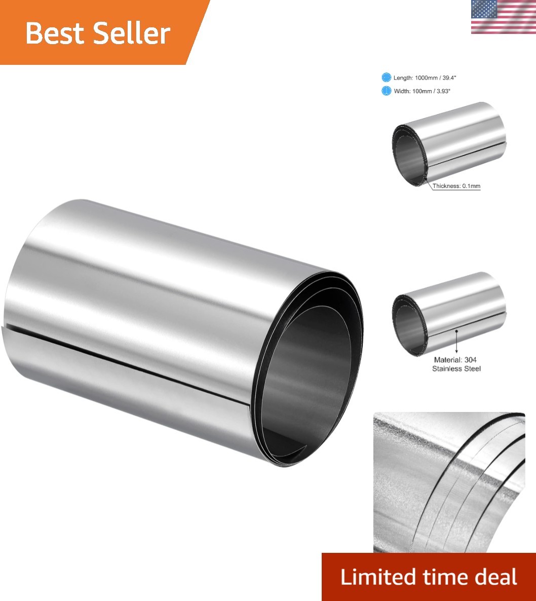 Silver Tone 304 Stainless Steel Sheet, 0.1mm x 100mm x 1000mm | Perfect for DIY
