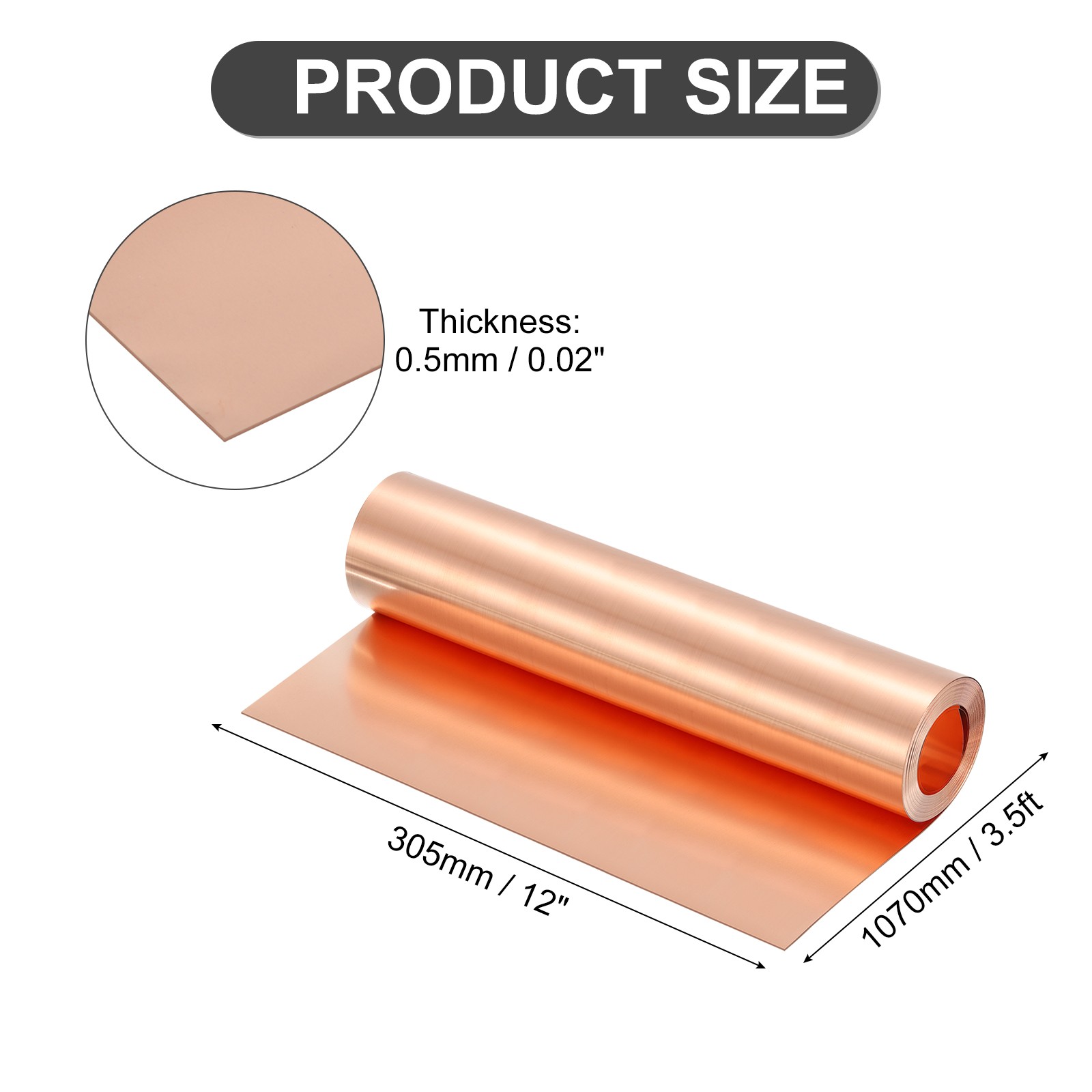 Pure Copper Sheet Roll, 0.5mm 24Ga Thick T2 3.5Ft x 12in Copper Strip for Craft