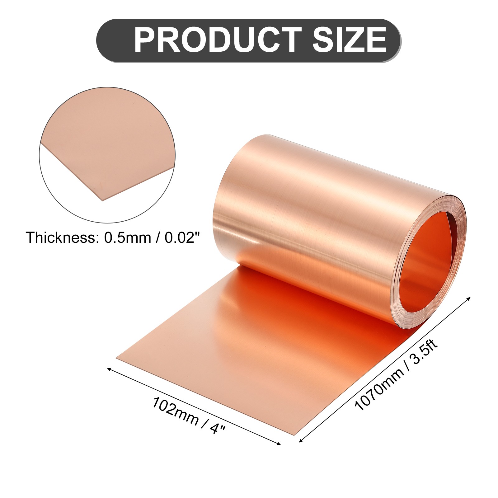Pure Copper Sheet Roll, 0.5mm 24Ga Thick T2 3.5Ft x 4in Copper Strip for Craft