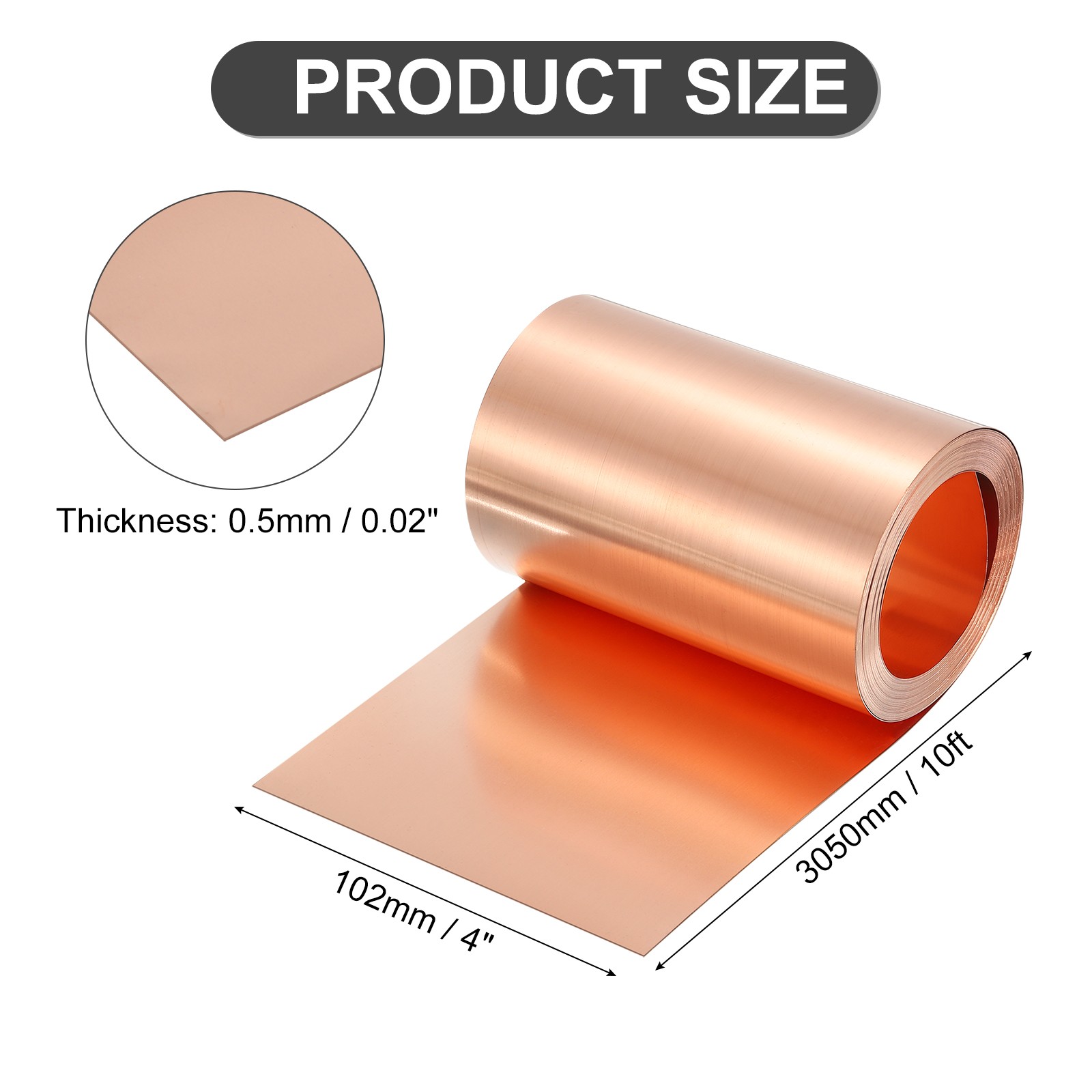 Pure Copper Sheet Roll, 0.5mm 24Ga Thick T2 10Ft x 4in Copper Strip for Craft