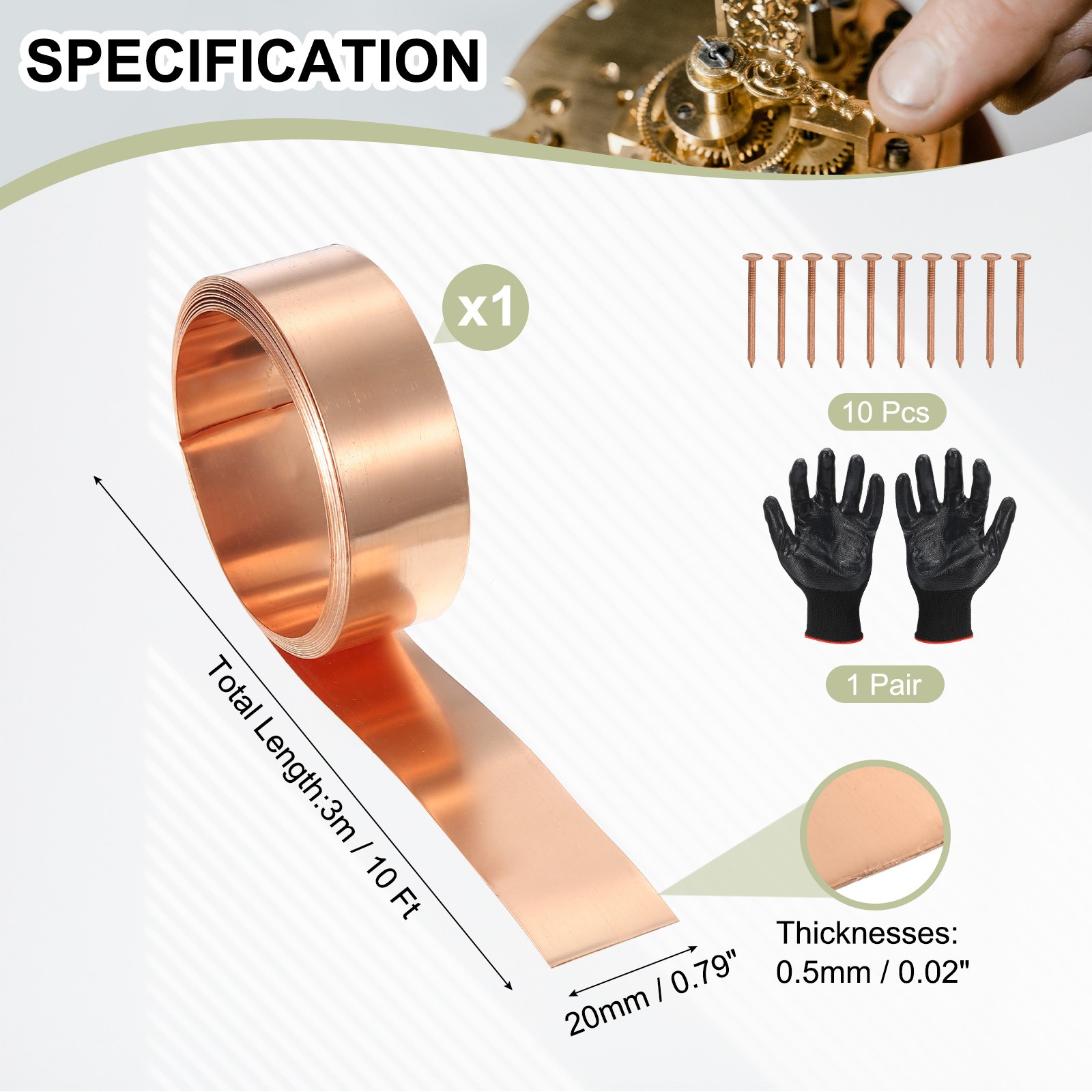 Copper Sheet Roll 0.8″ x 10 Ft 24 Gauge(0.5mm) Thickness DIY (1 Pack, Copper)