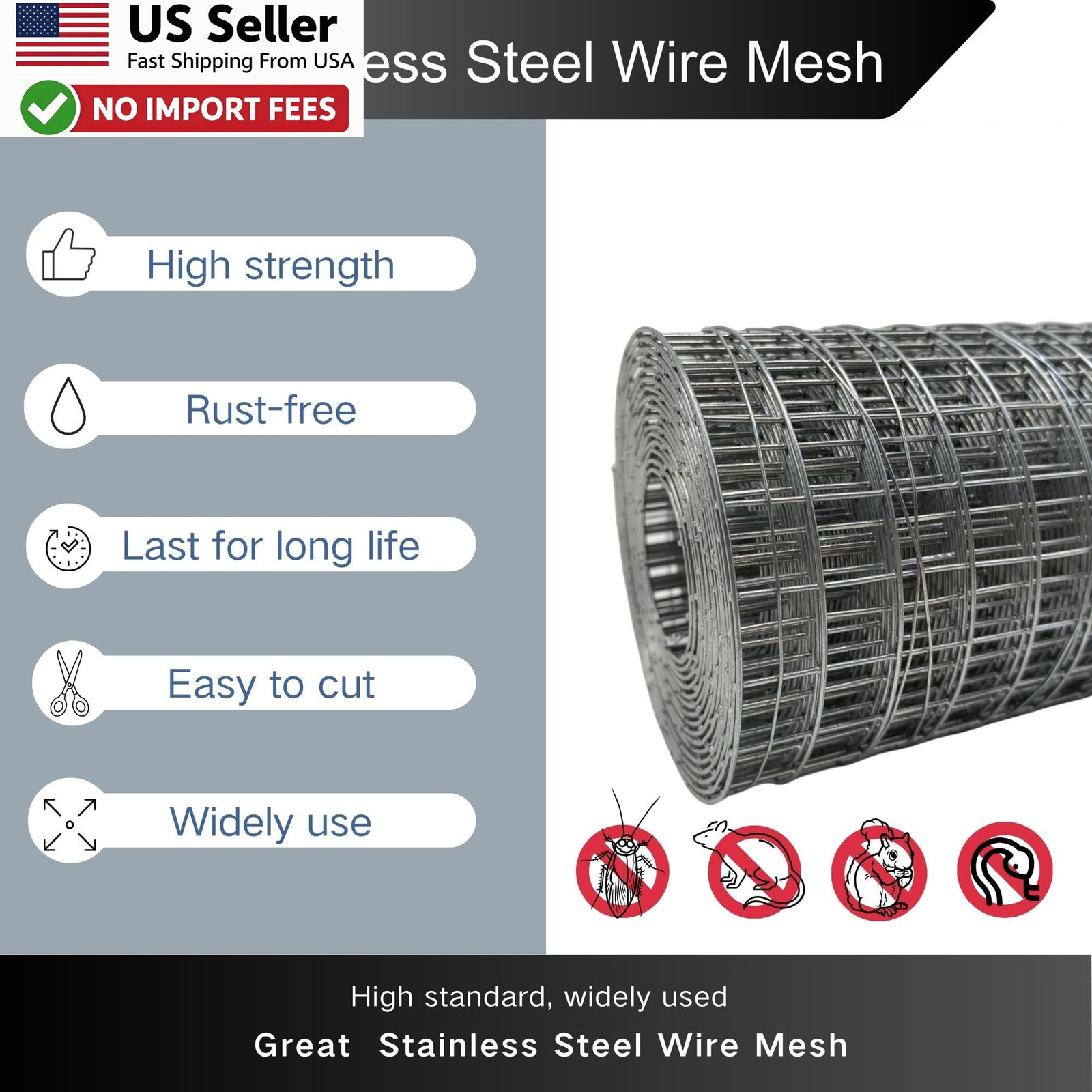 304 Stainless Steel Welded Wire Mesh 15.7in x 10ft 1/2 Hardware Cloth FROM USA
