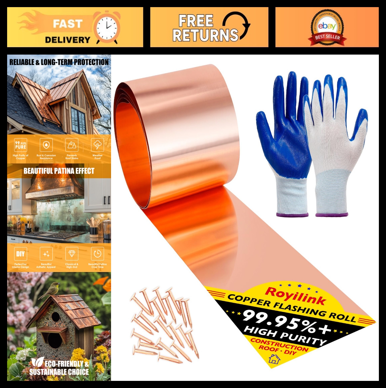 26 Gauge Copper Flashing Roll 4in x 10ft, ASTM B152, 99.95% Pure Copper for Roof