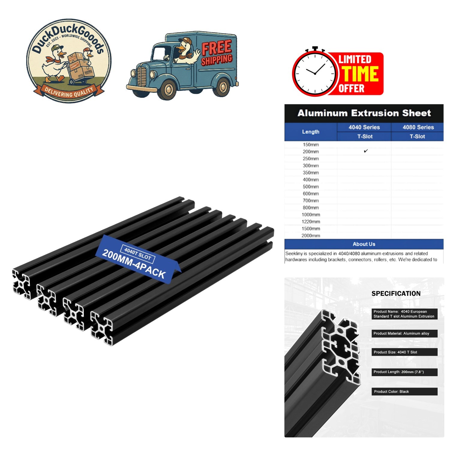 4-Pack 200mm 4040 T-Slot Aluminum Extrusions in Elegant Black for DIY Projects