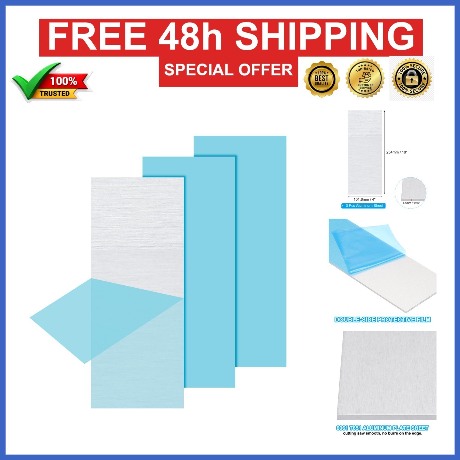 PATIKIL 6061 T651 Aluminum Sheet Metal 4″ x 10″ x 1/16″ (0.0625″)