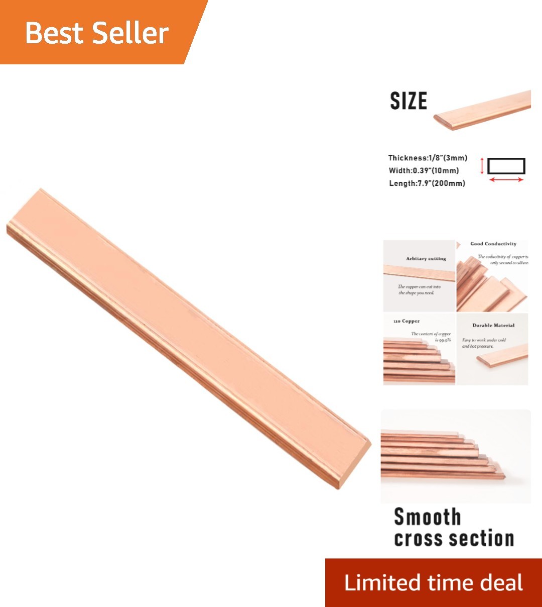 1/8″ × 0.4″ × 8″ Copper Flat Bar, 99.9% Copper Bar Stock, 9Ga Pure Copper Str…