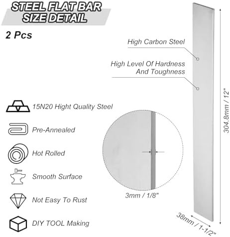 15N20 Steel Flat Bar, 2 Pcs 12″ x 1 1/2″ x 1/8″ Knife Making Steel Iron Stock fo