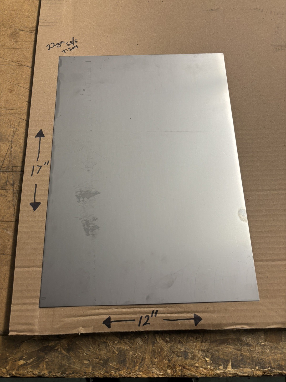 22 Gauge (0.032” Thick) T-304 Stainless Steel Sheet Metal – 12” x 17” – New