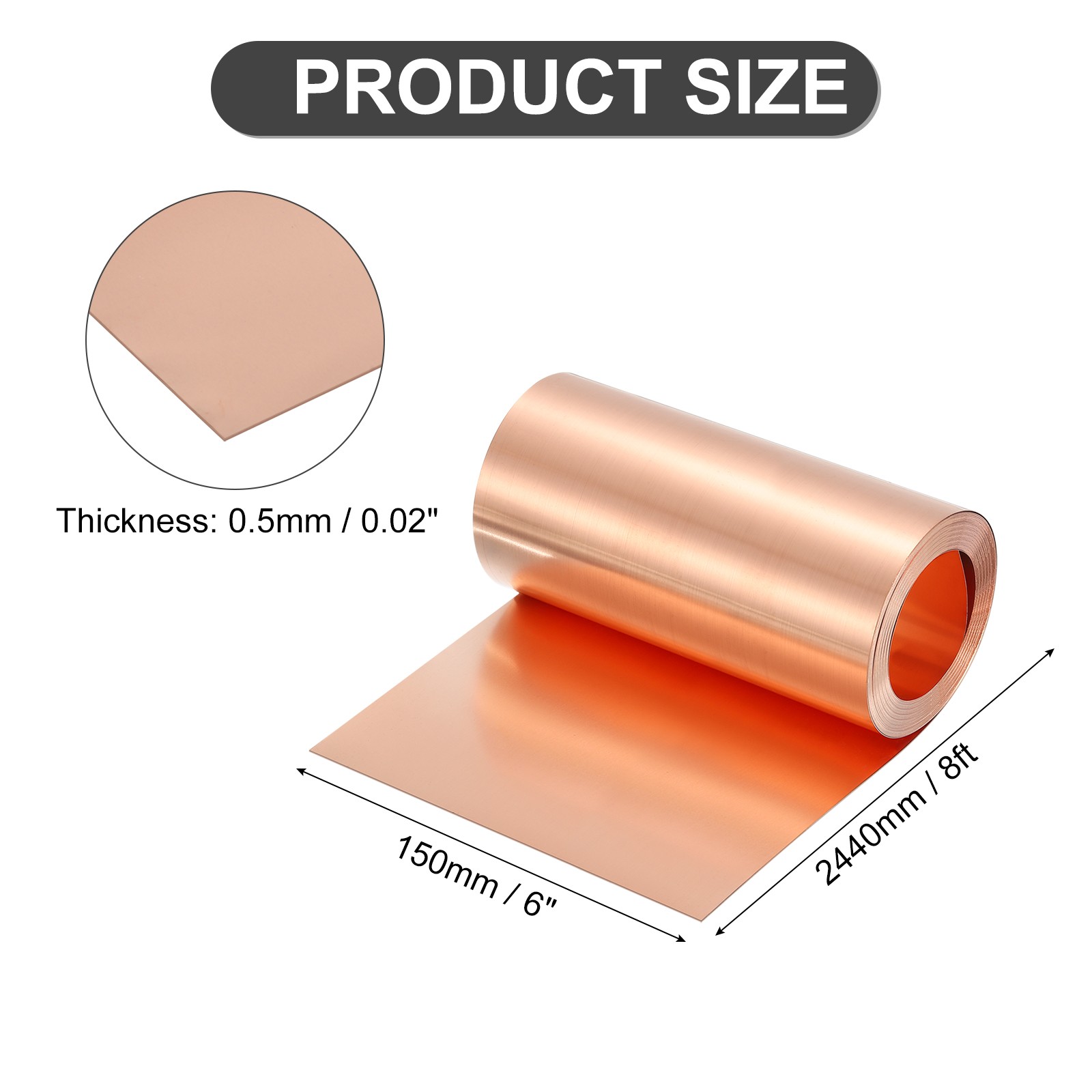 Pure Copper Sheet Roll, 0.5mm 24Ga Thick T2 8Ft x 6in Copper Strip for Craft
