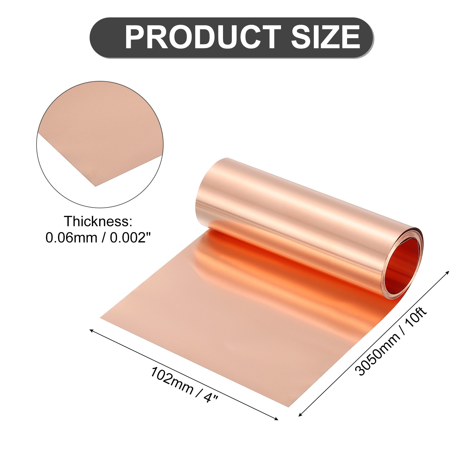 Pure Copper Sheet Roll, 0.06mm 28Ga Thick T2 10Ft x 4in Copper Strip for Craft