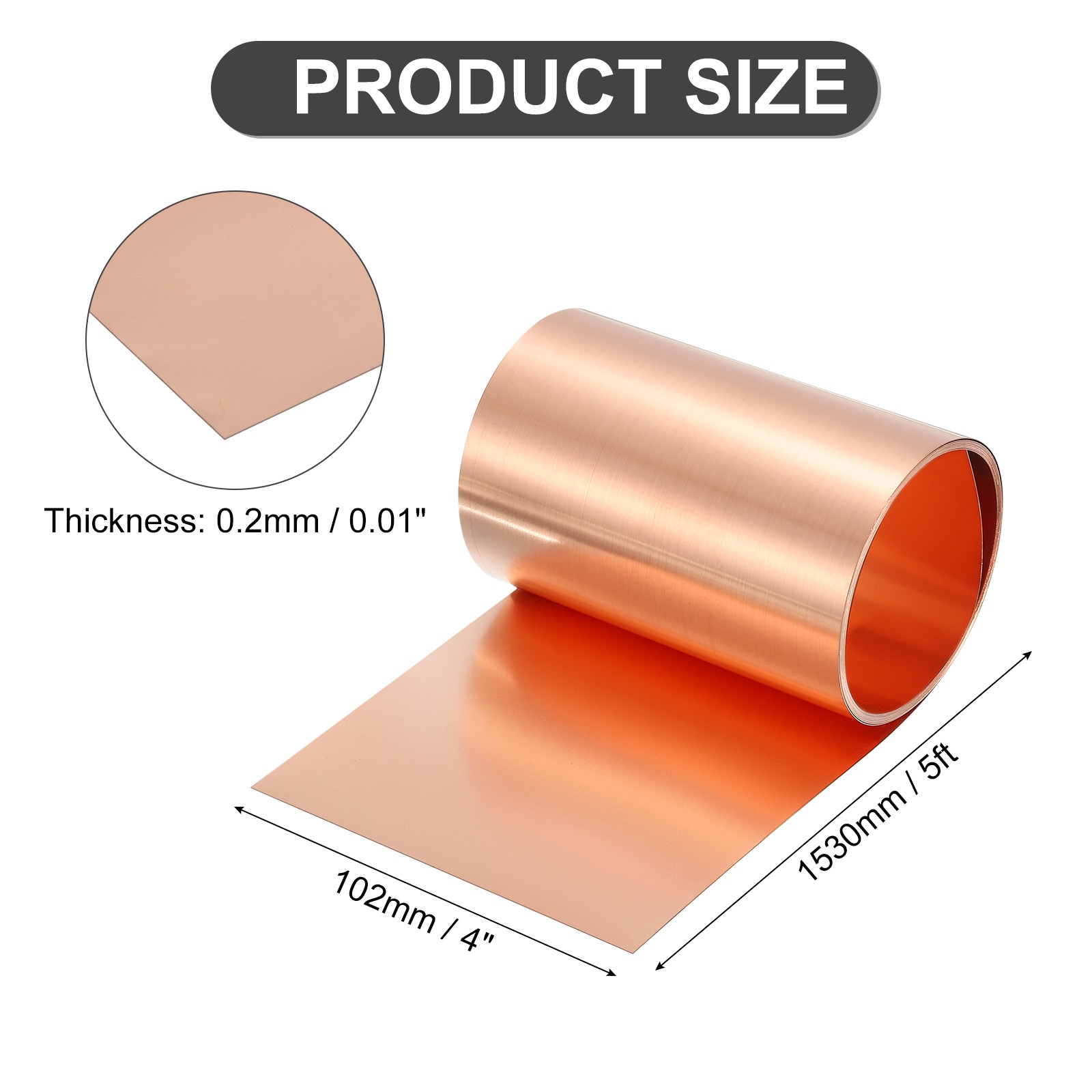 Pure Copper Sheet Roll, 0.2mm 24Ga Thick T2 5Ft x 4in Copper Strip for Craft