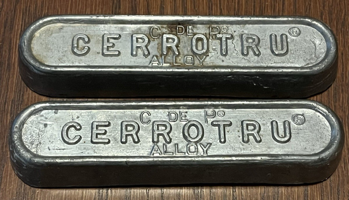 2 Cerrotru Ingot Low Melting Temperature Alloy Vintage Bar 3+ Pounds Bismuth Tin