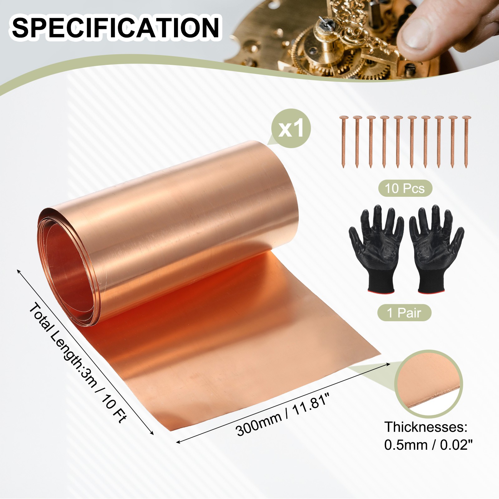 Copper Sheet Roll 11.8″ x 10 Ft 24 Gauge(0.5mm) Thickness DIY (1 Pack, Copper)