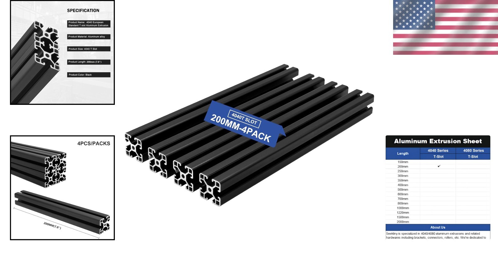 4-Pack 200mm 4040 T-Slot Aluminum Extrusions in Elegant Black for DIY Projects