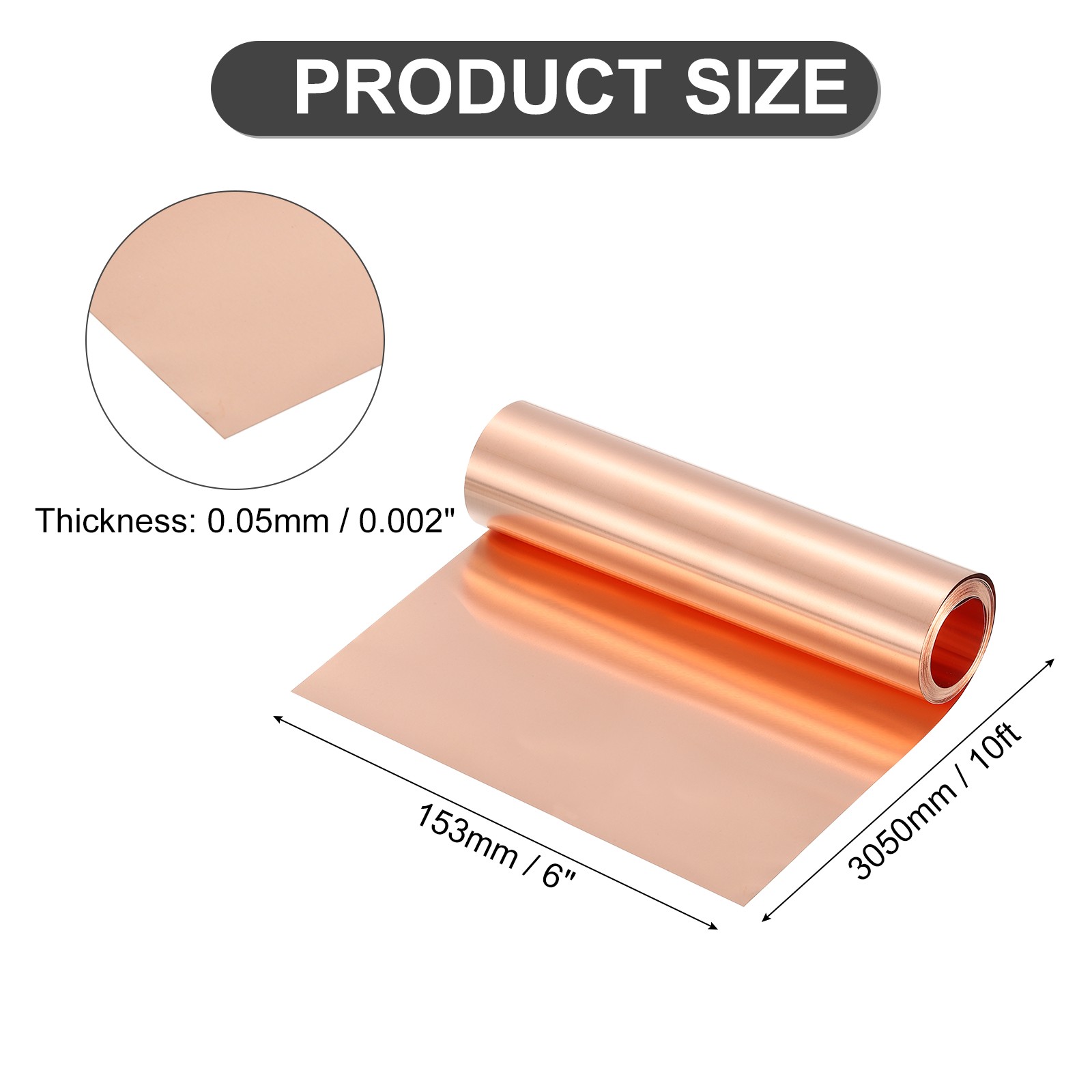 Pure Copper Sheet Roll, 0.05mm 29Ga Thick T2 10Ft x 6in Copper Strip for Craft