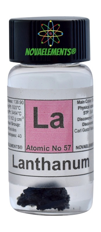 Lanthanum metal element 57 sample La, 1 gram 99,9% in labeled glass vial