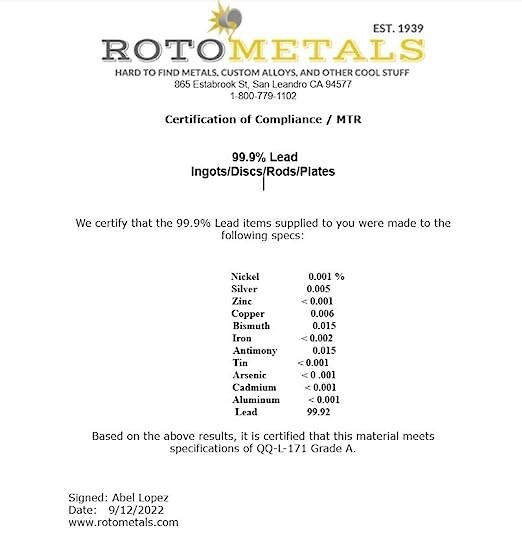 Whole Lead Ingot Pure 99.9% About 5 pounds by Rotometals