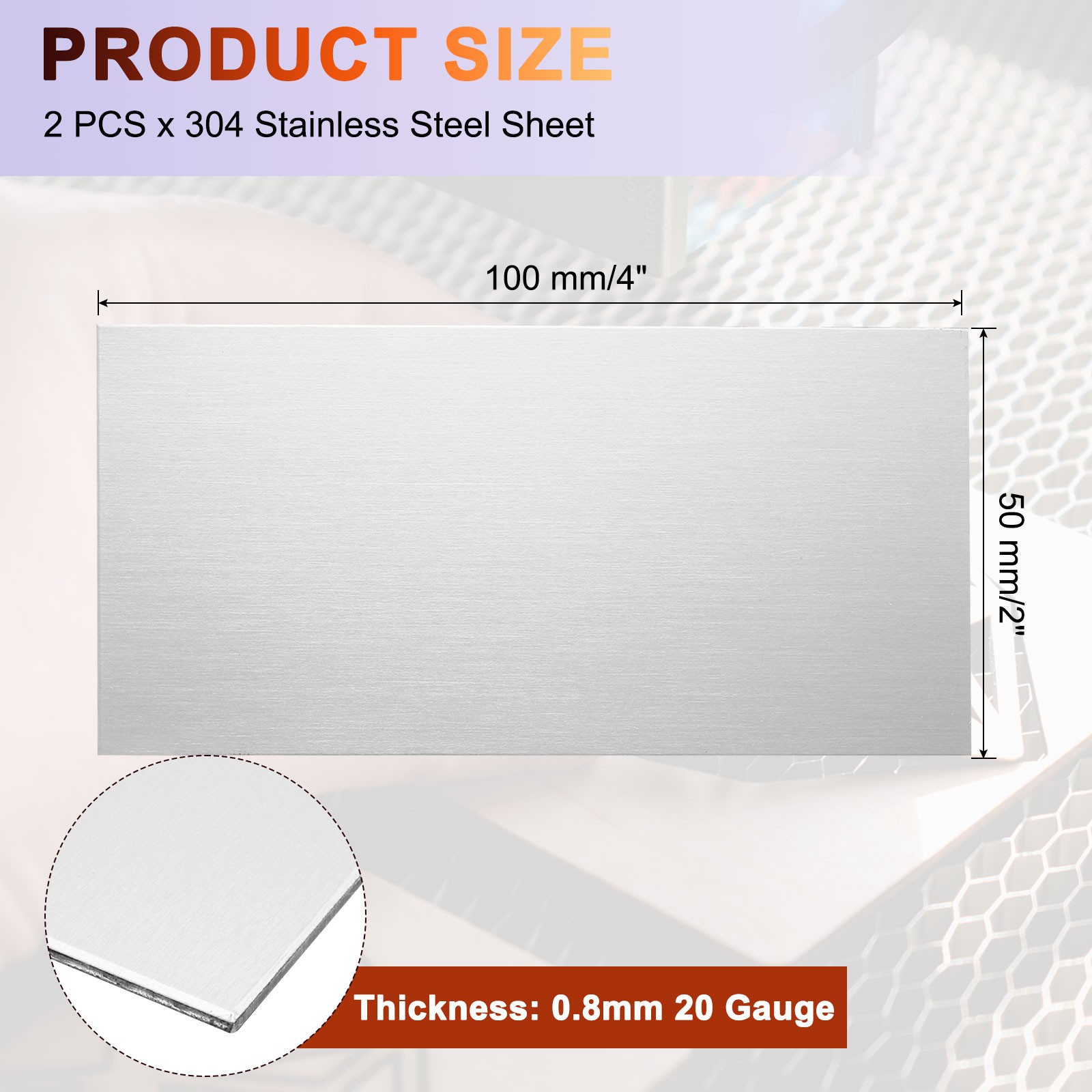 2Set Stainless Steel Sheet Plate 4″ x 2″ 20 Gauge (0.8mm) with Glove(Silver)