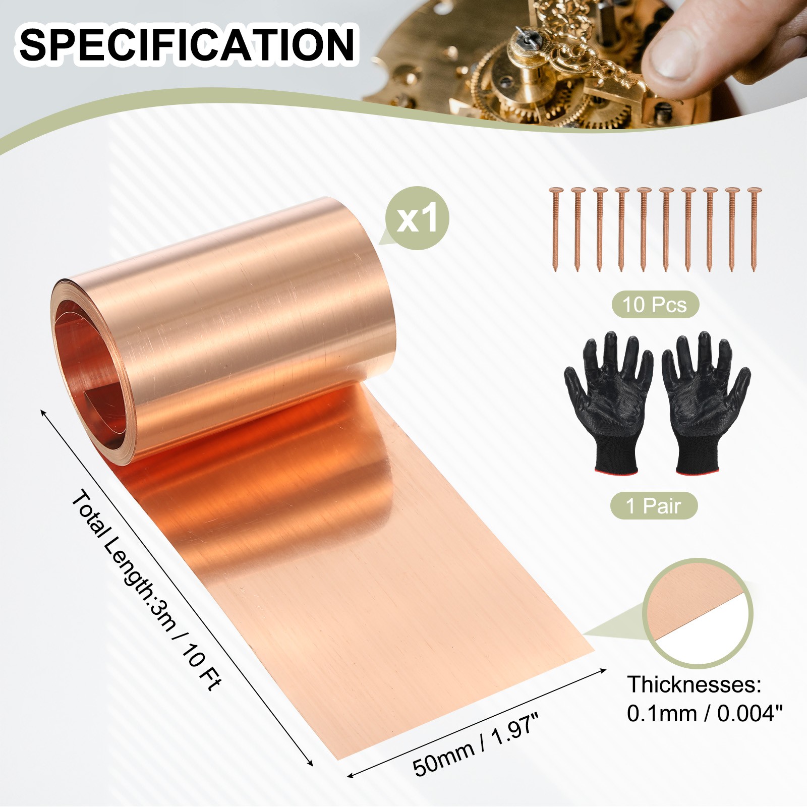 Copper Sheet Roll 2″ x 10 Ft 38 Gauge(0.1mm) Thickness DIY (1 Pack, Copper)