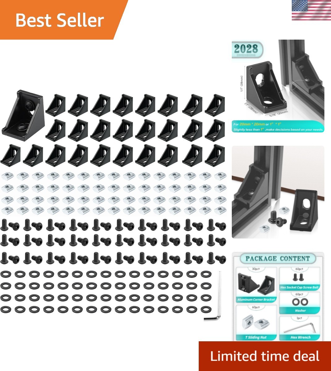 Aluminum Connector Set: 30 Corner Brackets & T-Slot Nuts for 20mm Frames
