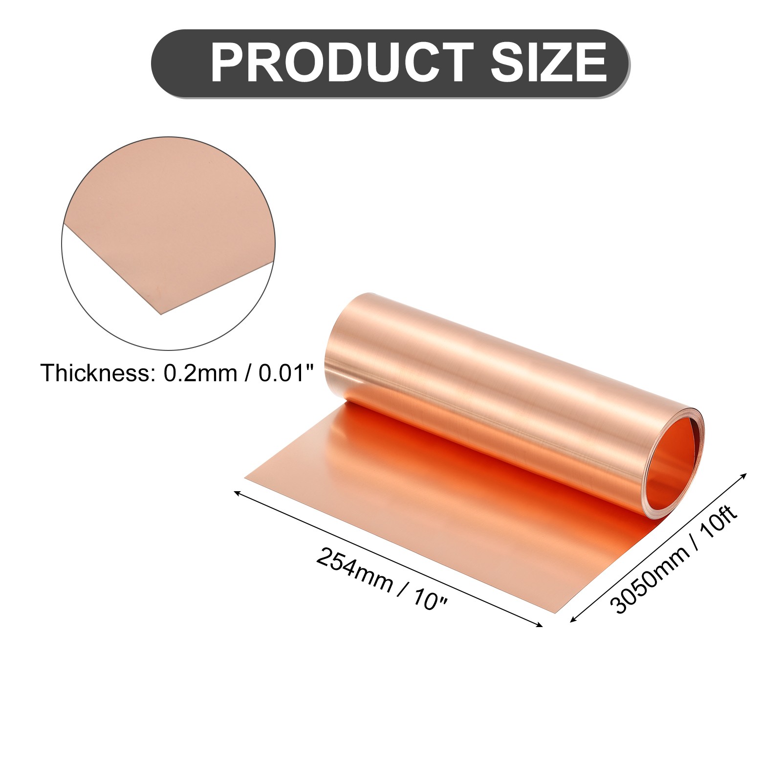 Pure Copper Sheet Roll, 0.2mm 24Ga Thick T2 10Ft x 10in Copper Strip for Craft