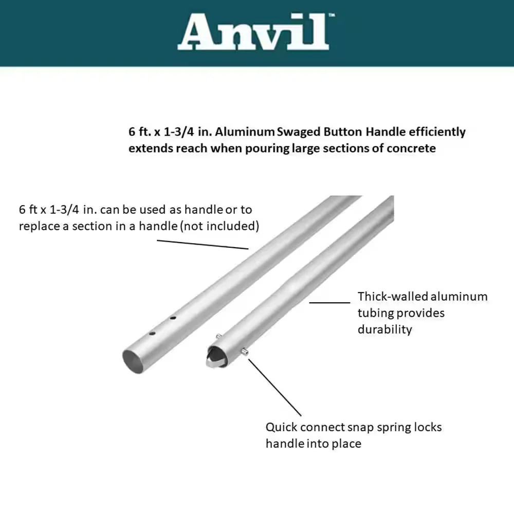 6 ft x 1-3/4 in Aluminum Swaged Button Handle for Concrete Tools 57548