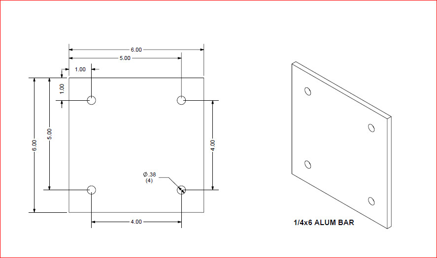 1/4″ X 6″ ALUMINUM BAR 6″ IN LENGTH with 4 holes for 3/8″ bolts