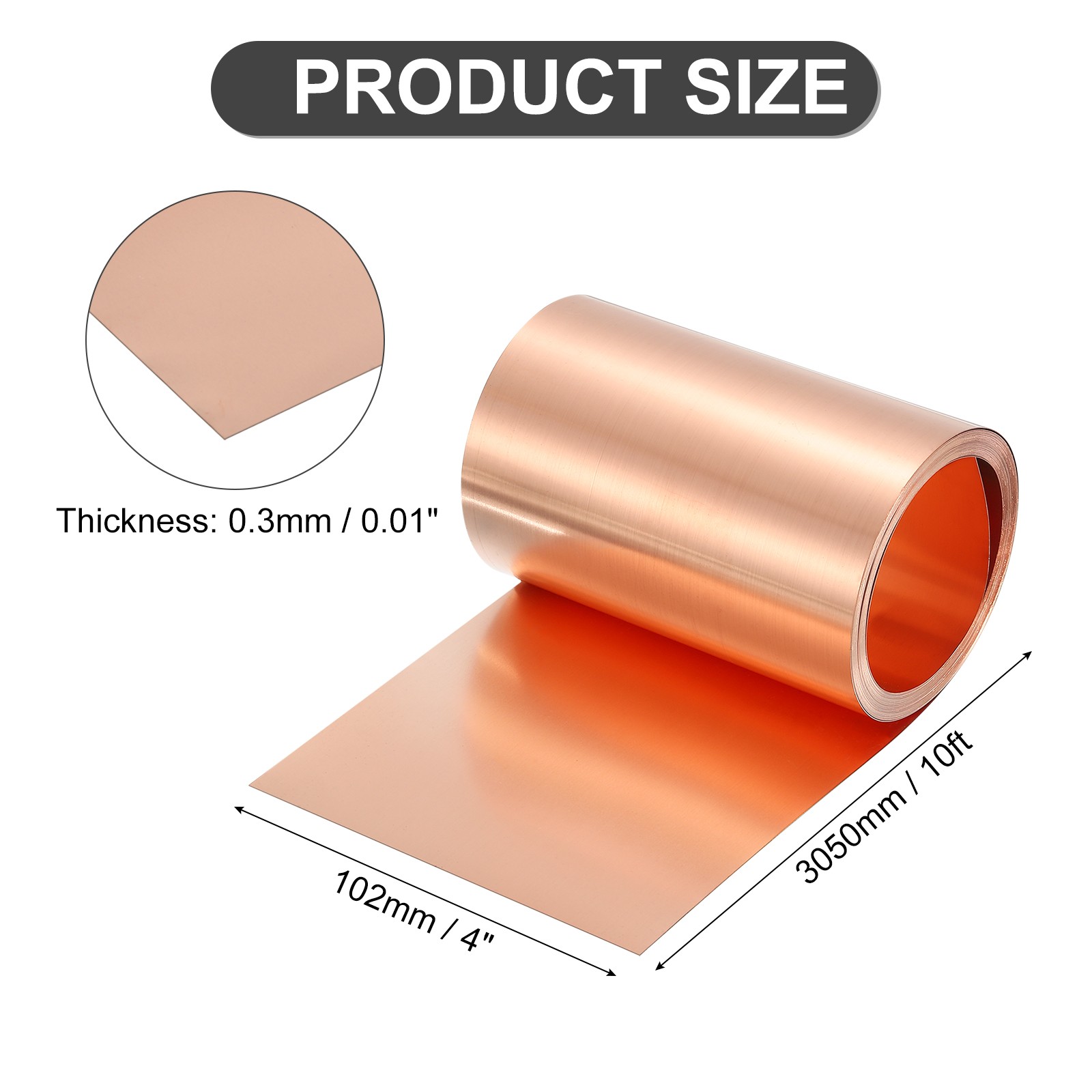 Pure Copper Sheet Roll, 0.3mm 22Ga Thick T2 10Ft x 4in Copper Strip for Craft