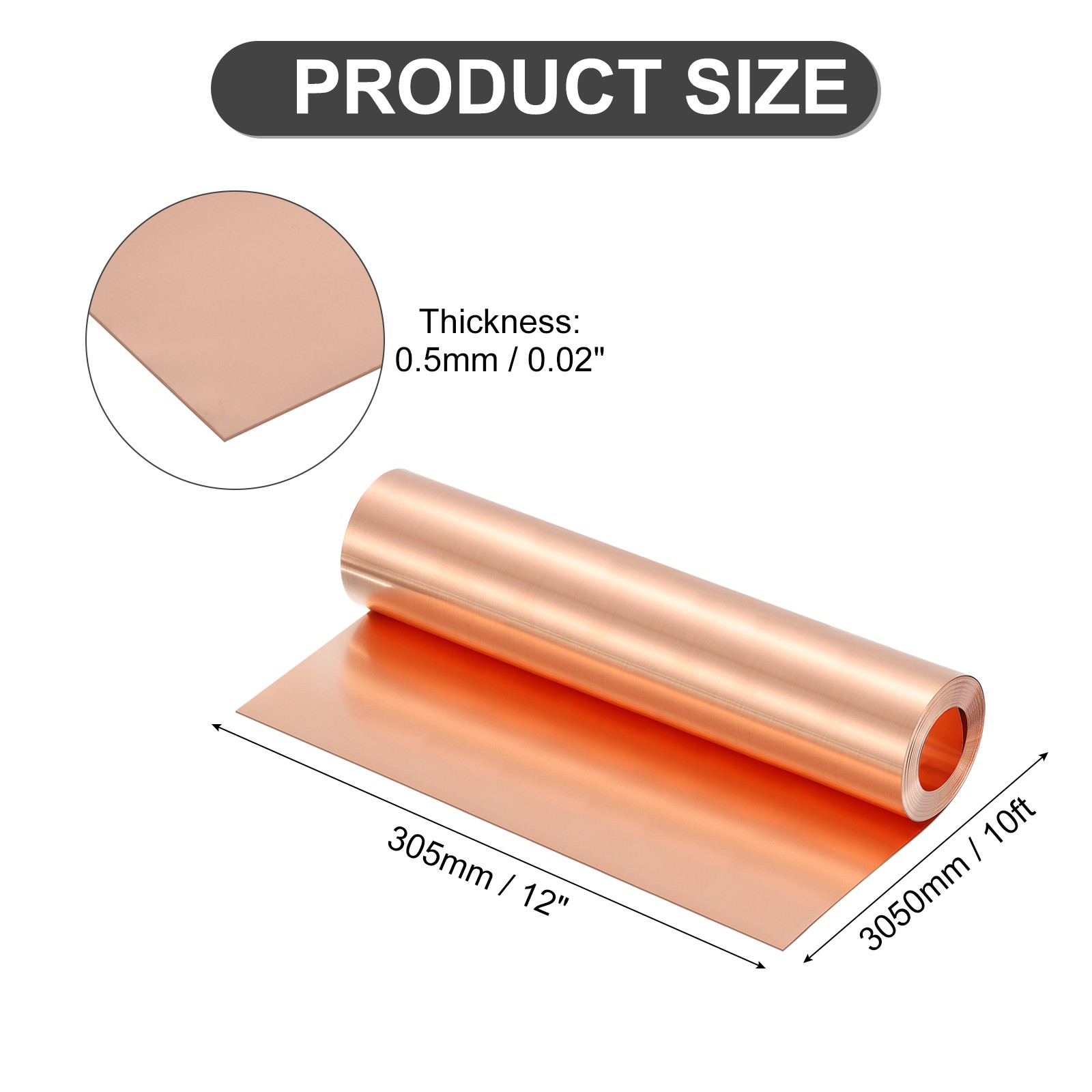 Pure Copper Sheet Roll, 0.5mm 24Ga Thick T2 10Ft x 12in Copper Strip for Craft