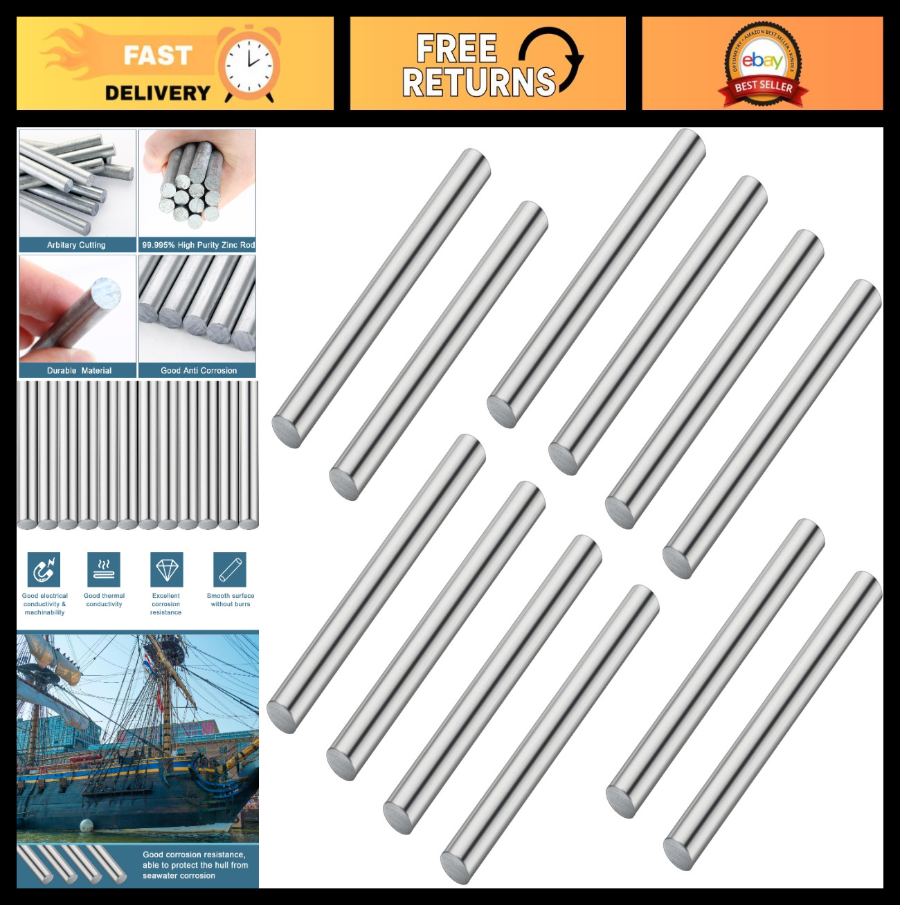 12 Pcs High Purity Zinc Anode Rods 99.995% Anti-Corrosion Conductive Metal 3.94