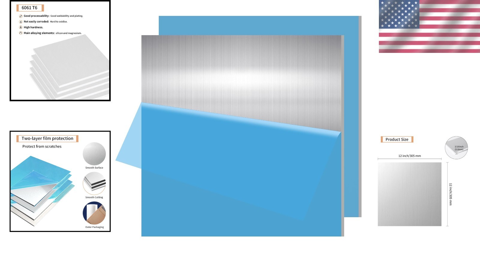 High Quality 6061 Aluminum Sheet 3/16″x12″x12″ 2pcs Weldable Corrosion-Resistant
