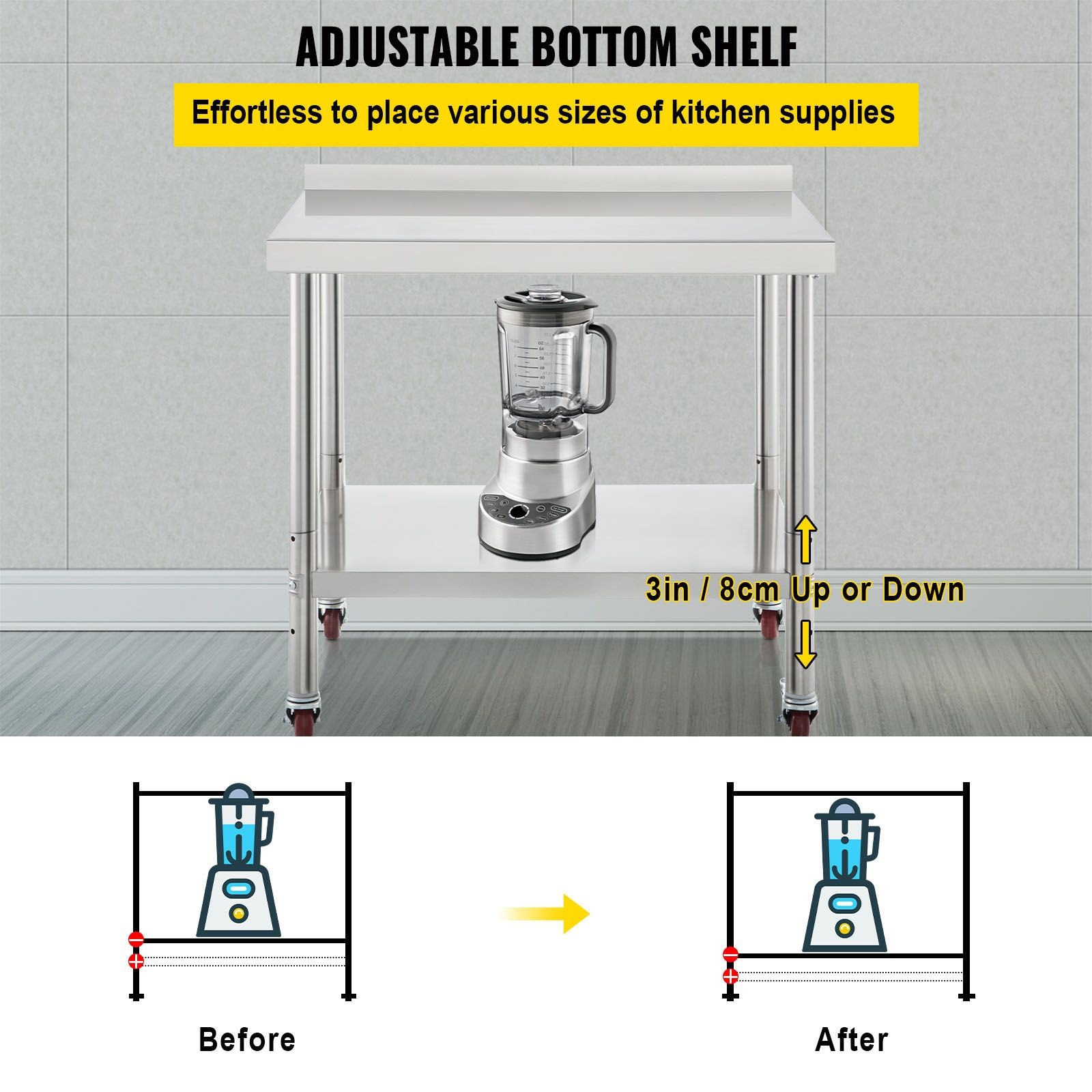 Stainless Steel Prep Table 30x24in, 440lbs Load, Adjustable Shelf & Casters