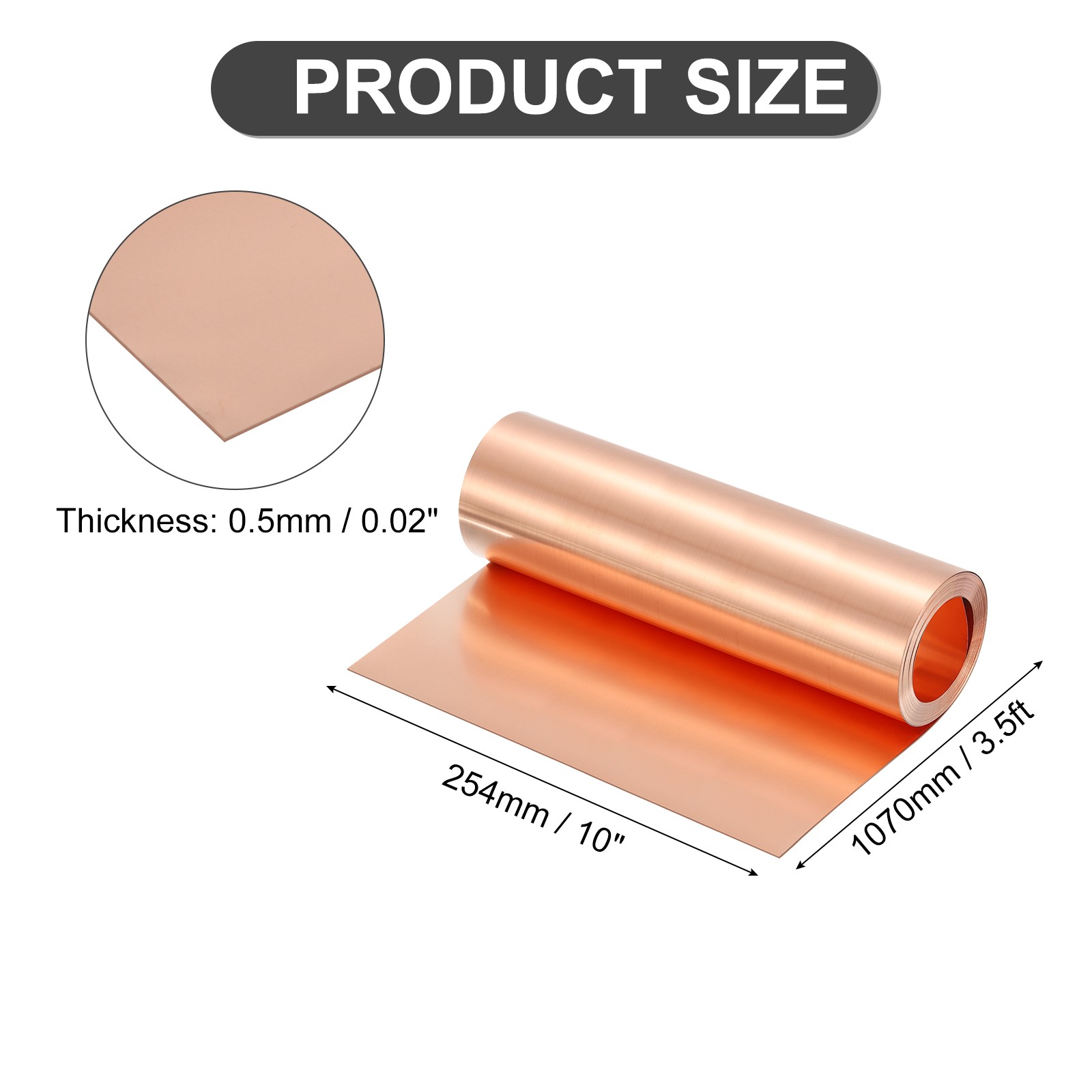 Pure Copper Sheet Roll, 0.5mm 24Ga Thick T2 3.5Ft x 10in Copper Strip for Craft