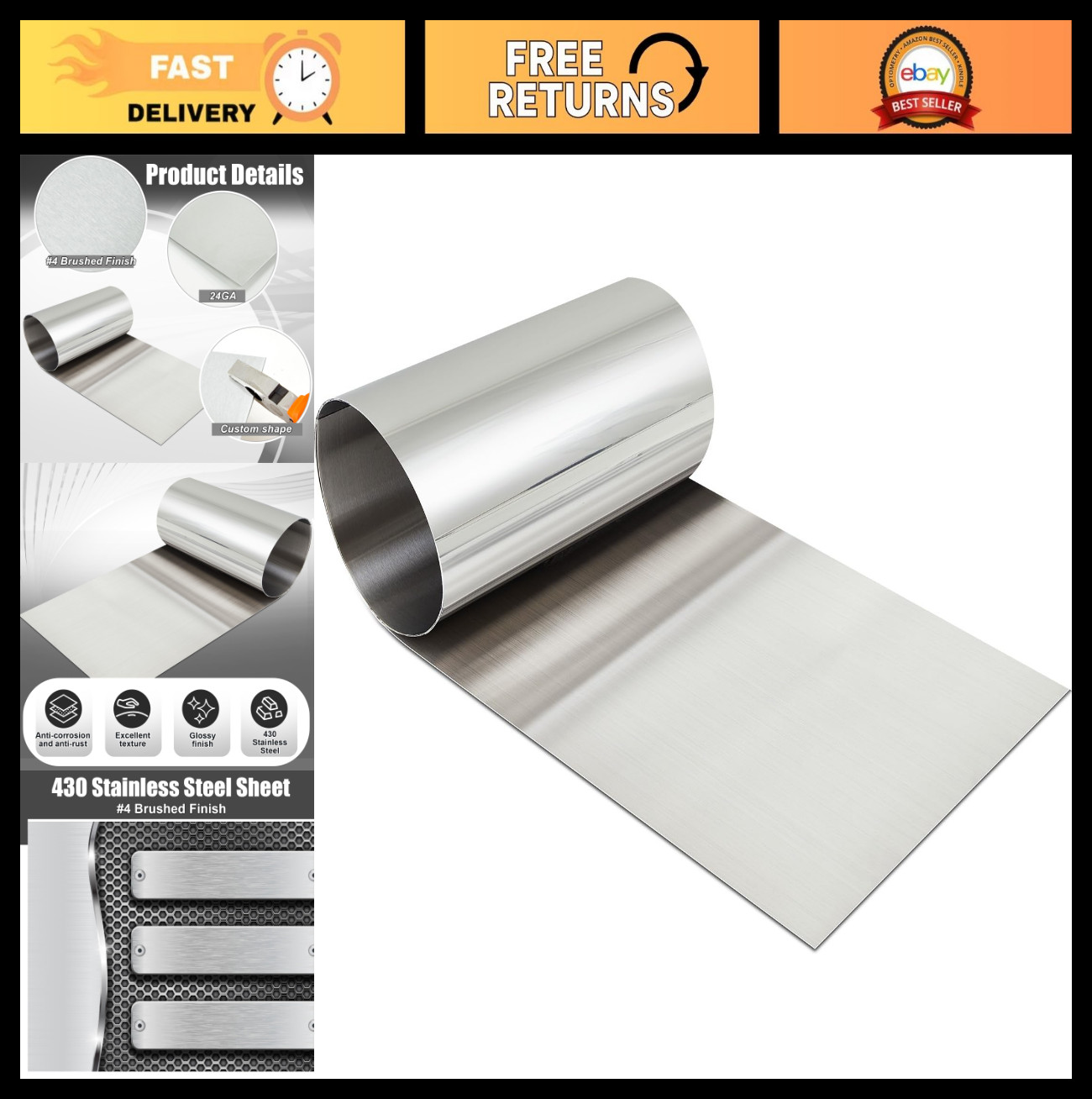 430 Stainless Steel Sheet Metal 24″x96″ 24ga Brushed Finish Panel for Crafting,