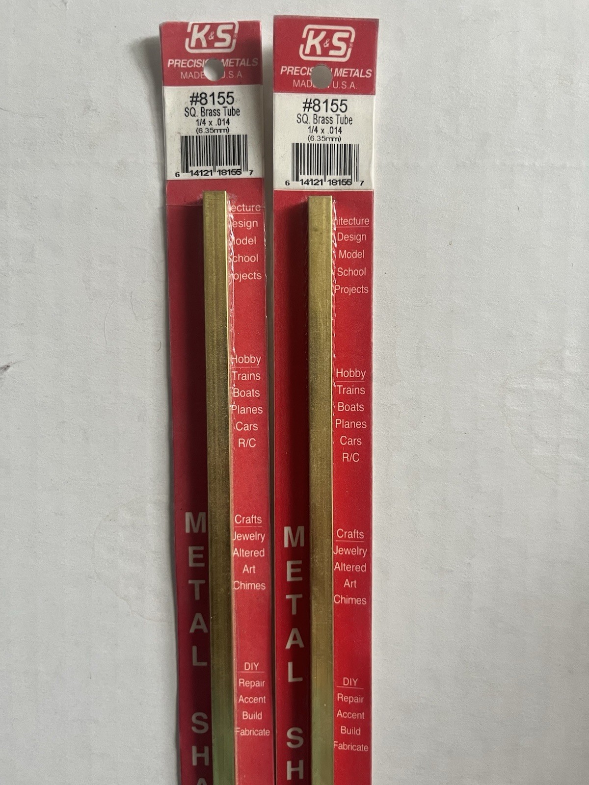 2 Pack K&S 8155 Brass 0.014 in. Thick Square Tube 1/4 O.D. x 12 L in.