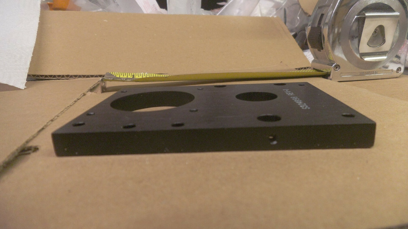 Black anodized Aluminum bracket for NEMA 23 motor, 4-13/16 x 3-1/4 x .391 thick