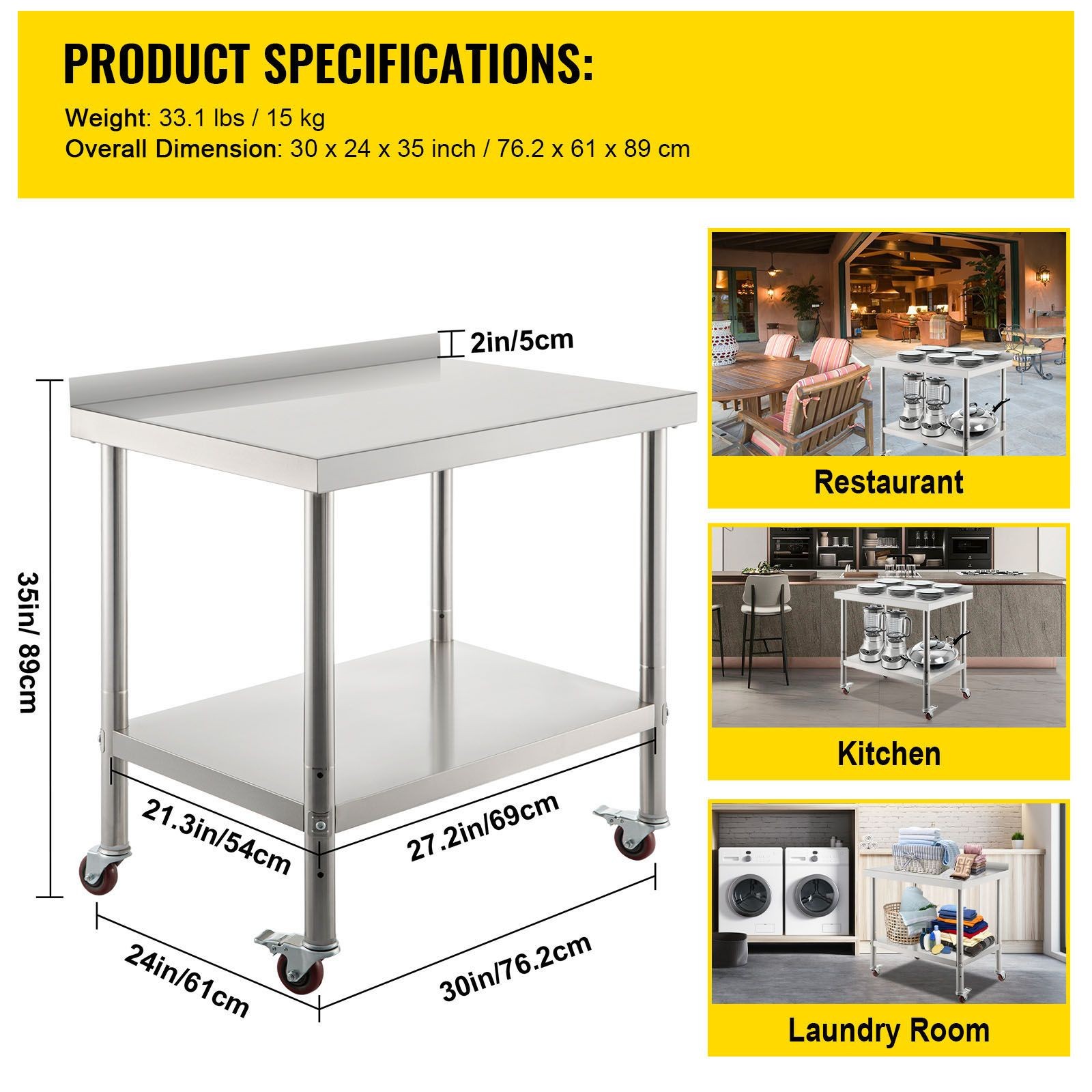 Stainless Steel Prep Table 30x24in, 440lbs Load, Adjustable Shelf & Casters