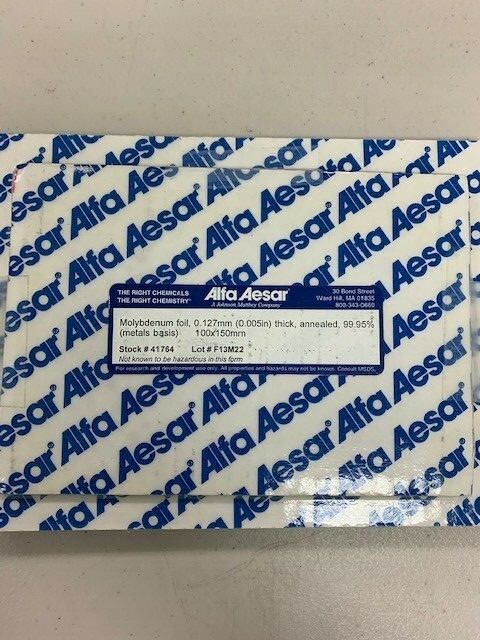 Molybdenum foil, 0.127mm (0.005in) thick, annealed, 100x150mm Alfa Aesar